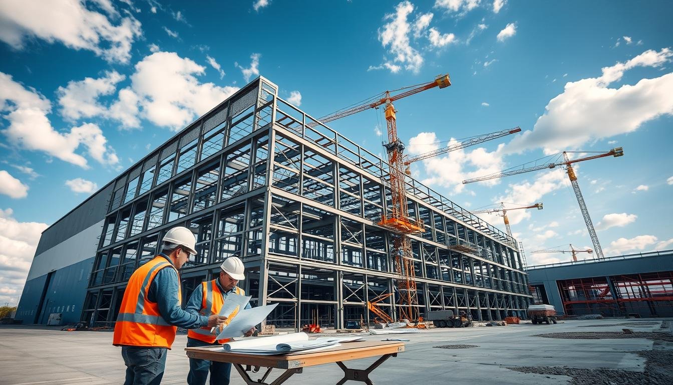 A large-scale warehouse construction site showcasing modern Pre-Engineered Building (PEB) techniques, prominently associated with ITV Projects. In the foreground, construction workers in hard hats and safety vests are collaborating, reviewing blueprints on a portable table. In the middle ground, steel framework and structural elements are being assembled, illustrating the construction process with cranes and scaffolding dynamically positioned. The background features a clear blue sky with scattered clouds, allowing natural light to flood the scene, creating a bright and optimistic atmosphere. Captured with a wide-angle lens from a low angle to emphasize the scale of the buildings, the overall mood is one of professionalism, diligence, and innovation in industrial construction. Ensure the image is devoid of any text or logos other than those related to ITV Projects.